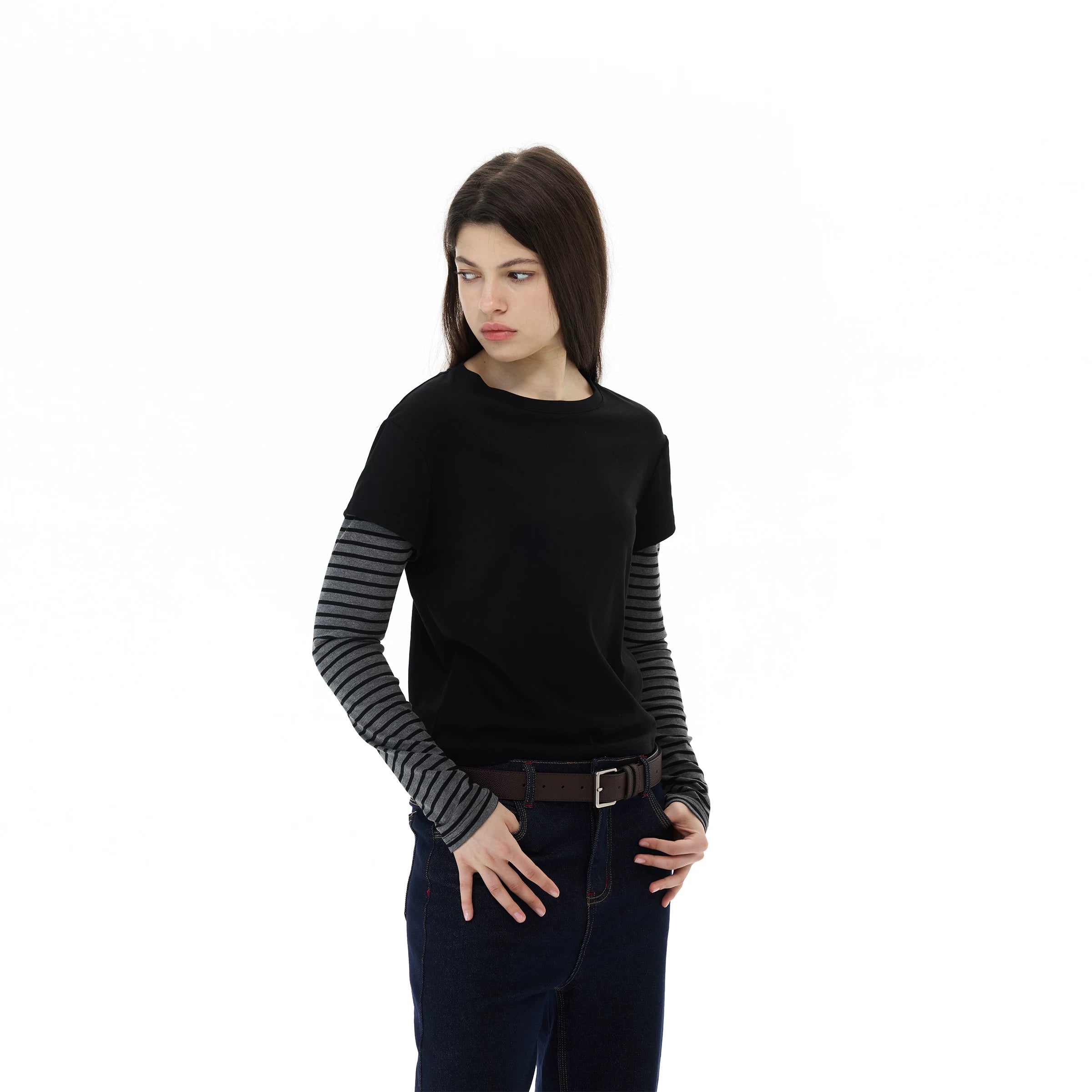 WLNEXT Vintage Fake Two-Piece Striped Front Shoulder Long Sleeve