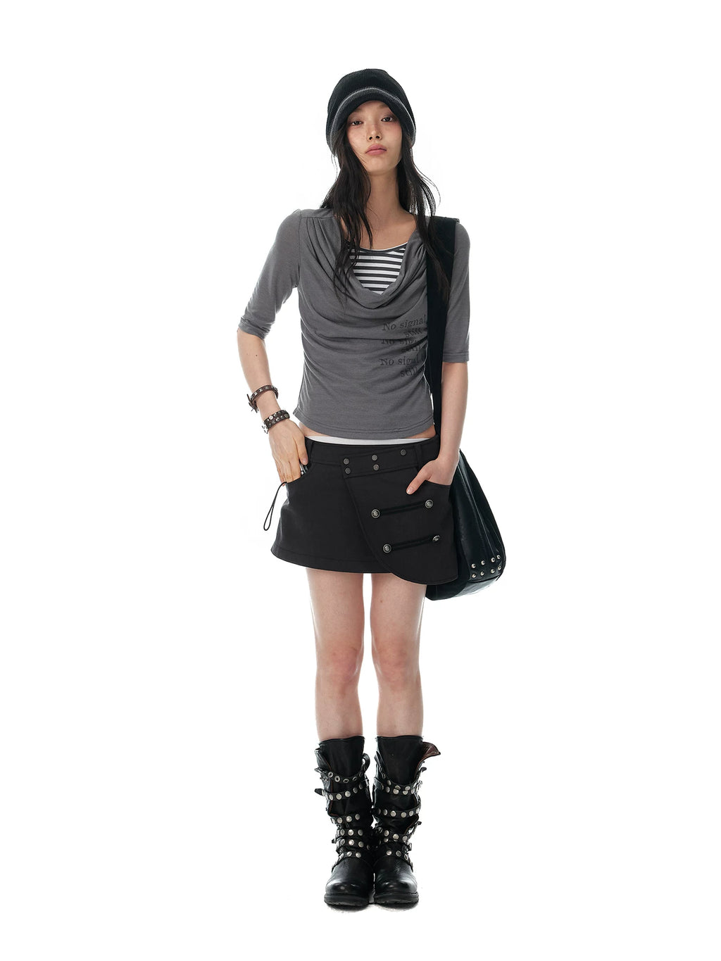 JIKOO Fake Two-piece Striped Splicing Slim Tee