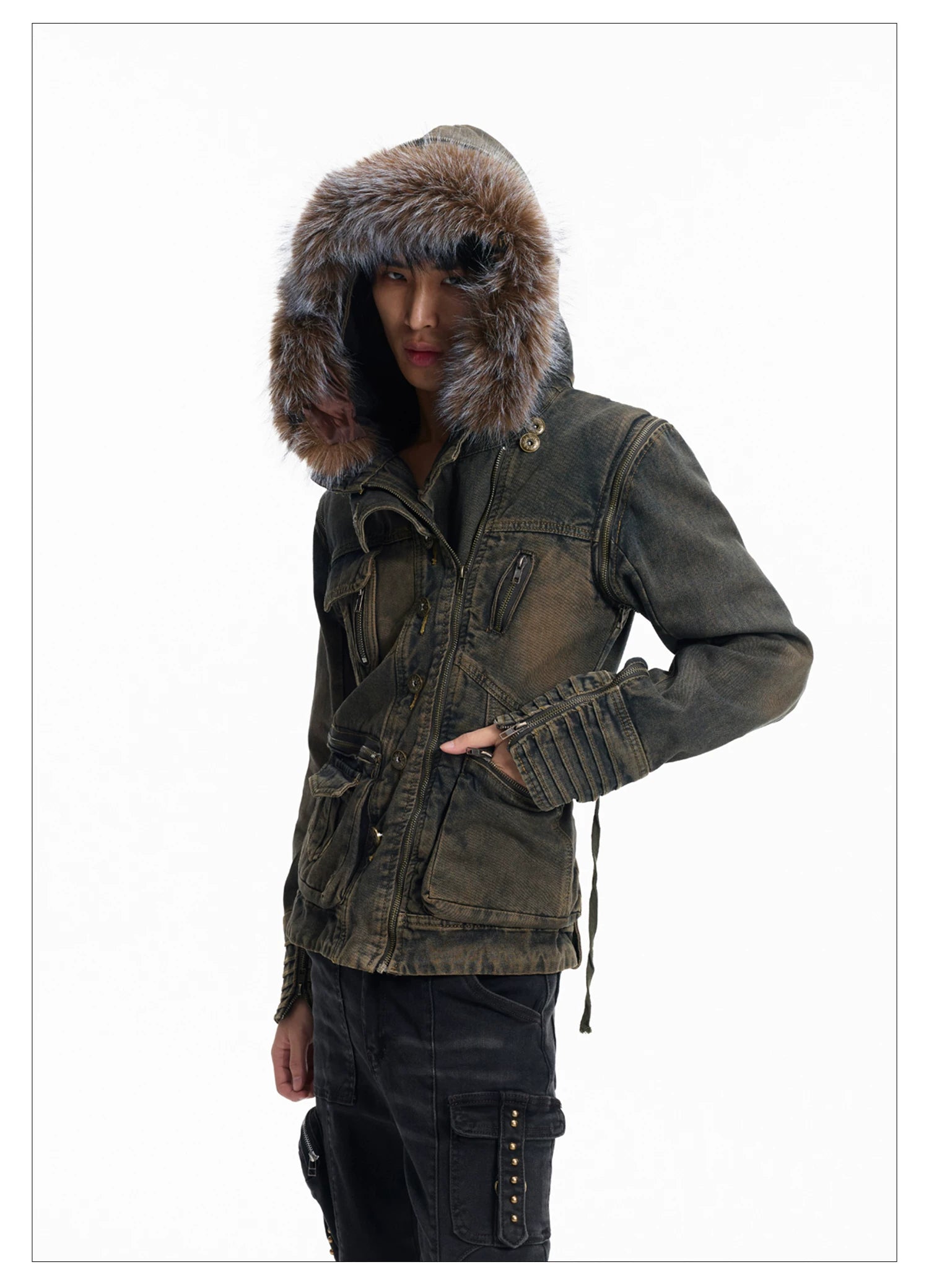 Lightinus Removable Sleeve Fur Collar Two Wear Strap Waist Denim Jacket