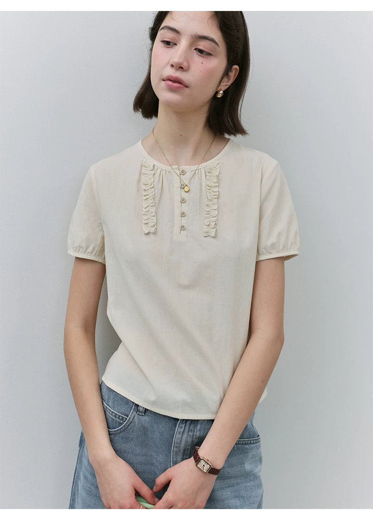 VOOE Fungus Edge Front Shoulder Crew Neck Casual Shirt