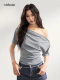 WITHMIN Rivet Snap Button One-word Shoulder Waist Tee