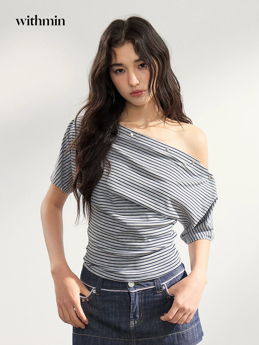 WITHMIN Rivet Snap Button One-word Shoulder Waist Tee