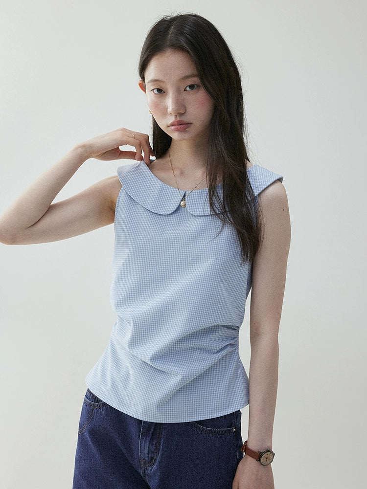 VOOE Contrasting Plaid Side Fold Doll Collar Shirt