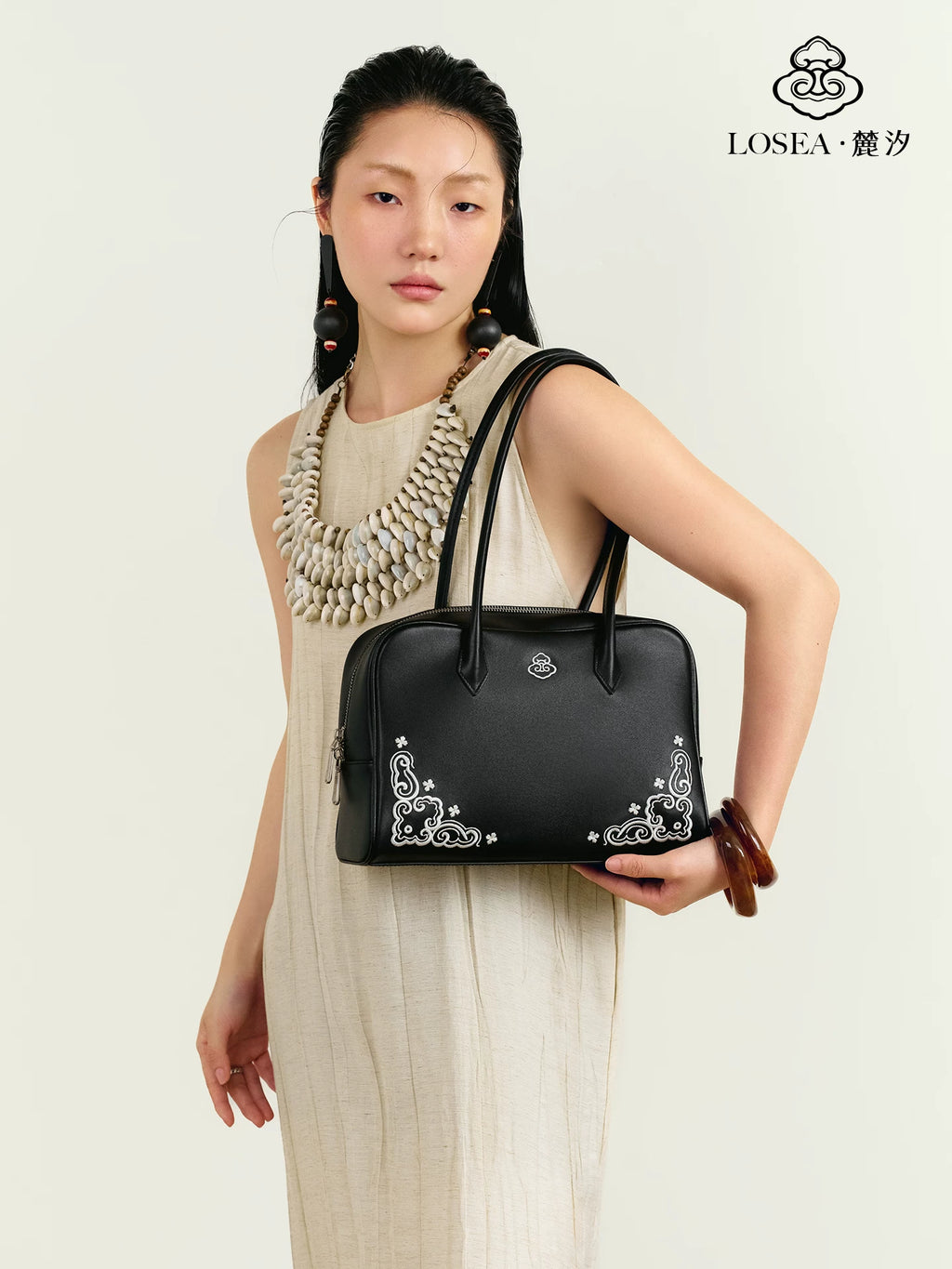 LOSEA First-layer Cowhide Miao Embroidered Shoulder Bag