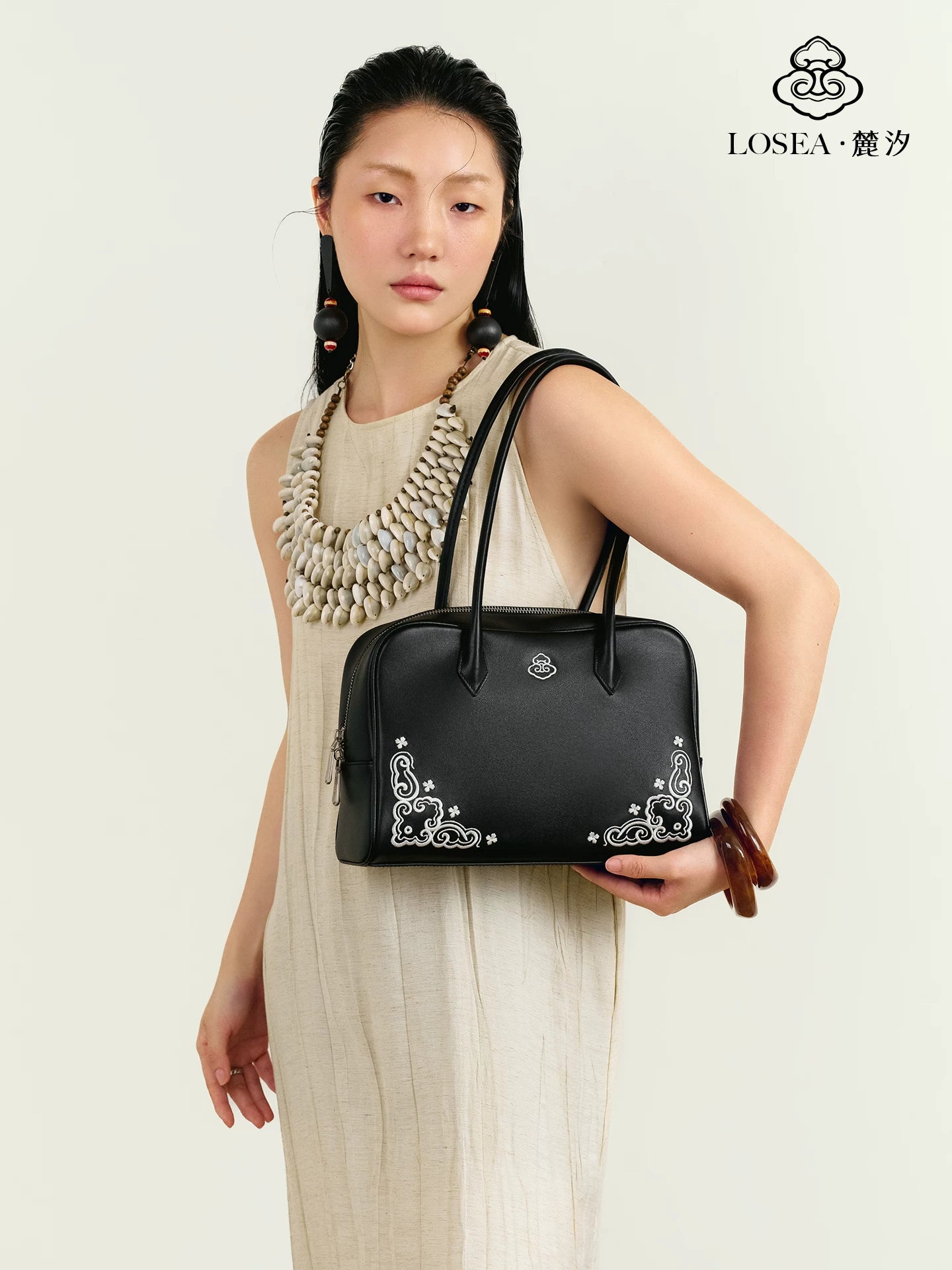 LOSEA First-layer Cowhide Miao Embroidered Shoulder Bag