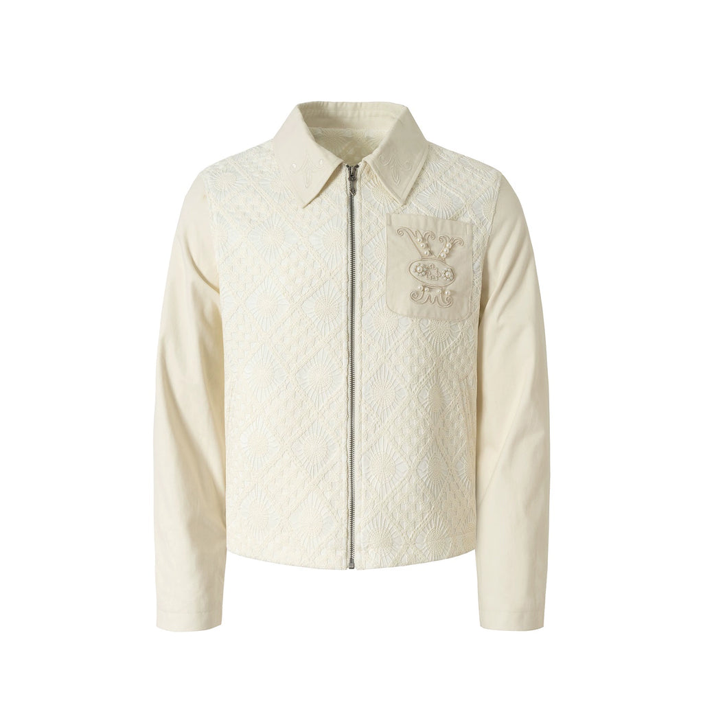 YADcrew Vintage Embroidered Zip Lace Lapel Jacket