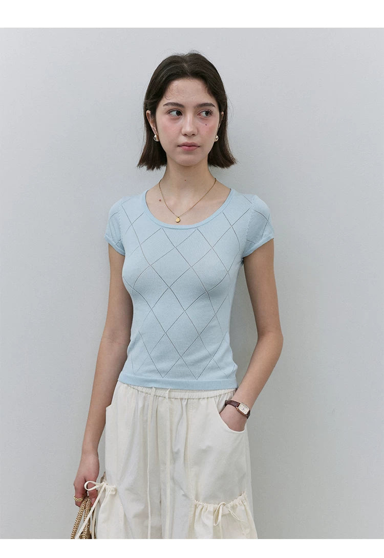 VOOE Hollow U Neck Knitted Slim Fit Breathable Tee
