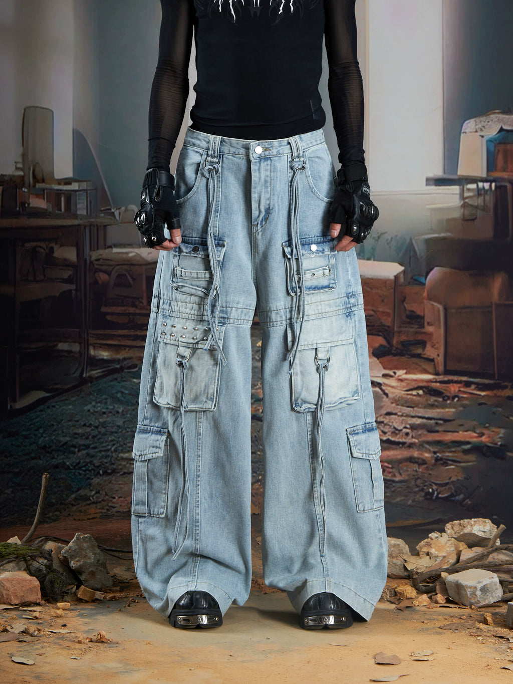 NOMANIAI Rivet Streamer Wash Water Do Old Multi-pocket Jeans