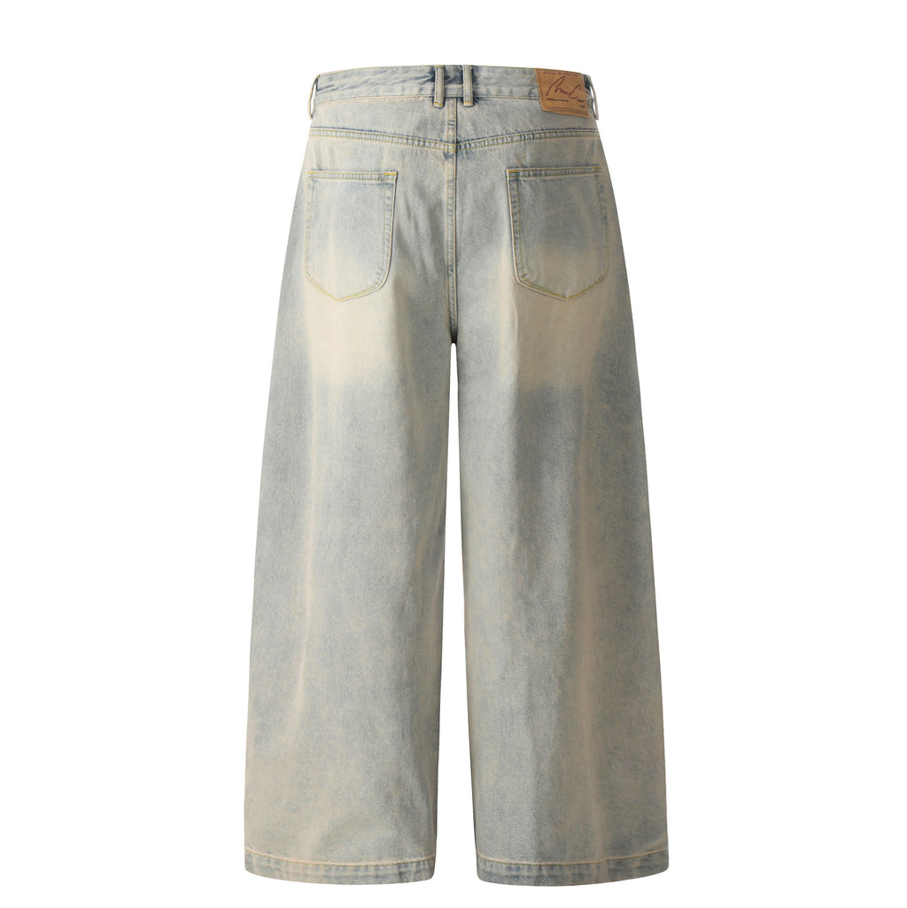 11KN retro washed old jeans pleated loose wide-leg trousers