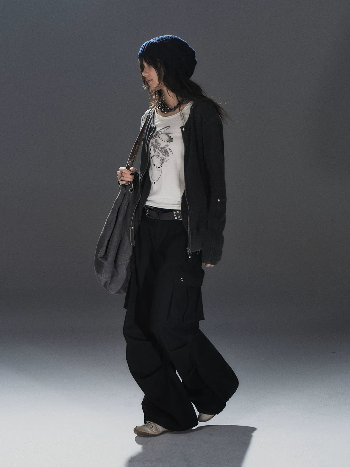 WearAndtear Loose Rivet Crew Neck Sweater Jacket