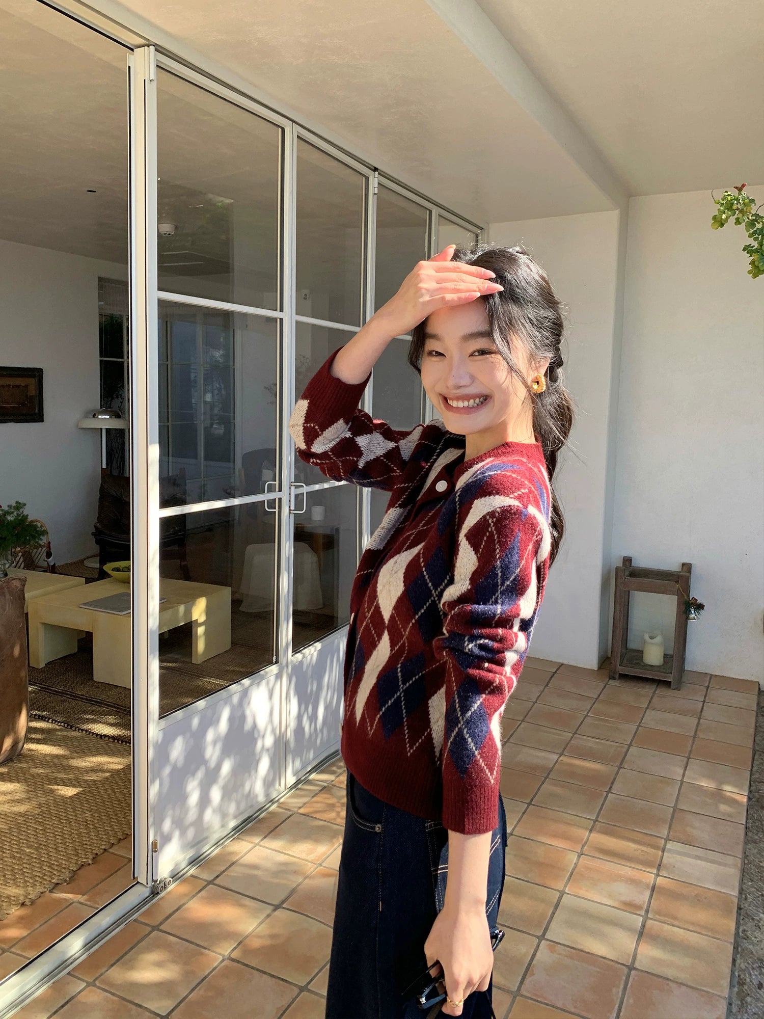 Pusumede Vintage Rhombus Crew Neck Knitted Jacket