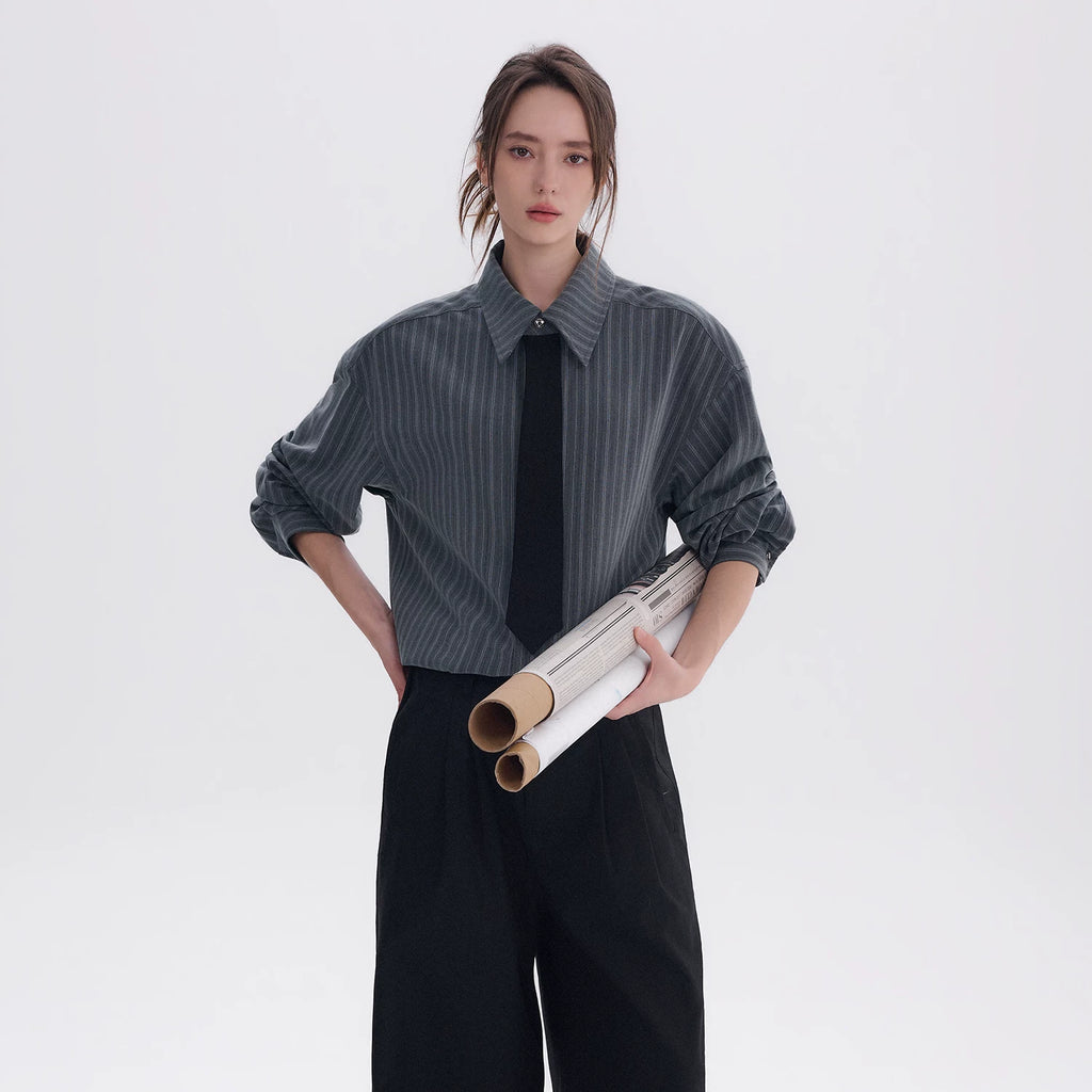 CHOR Contrast Fake Tie Striped Long Sleeve Shirt