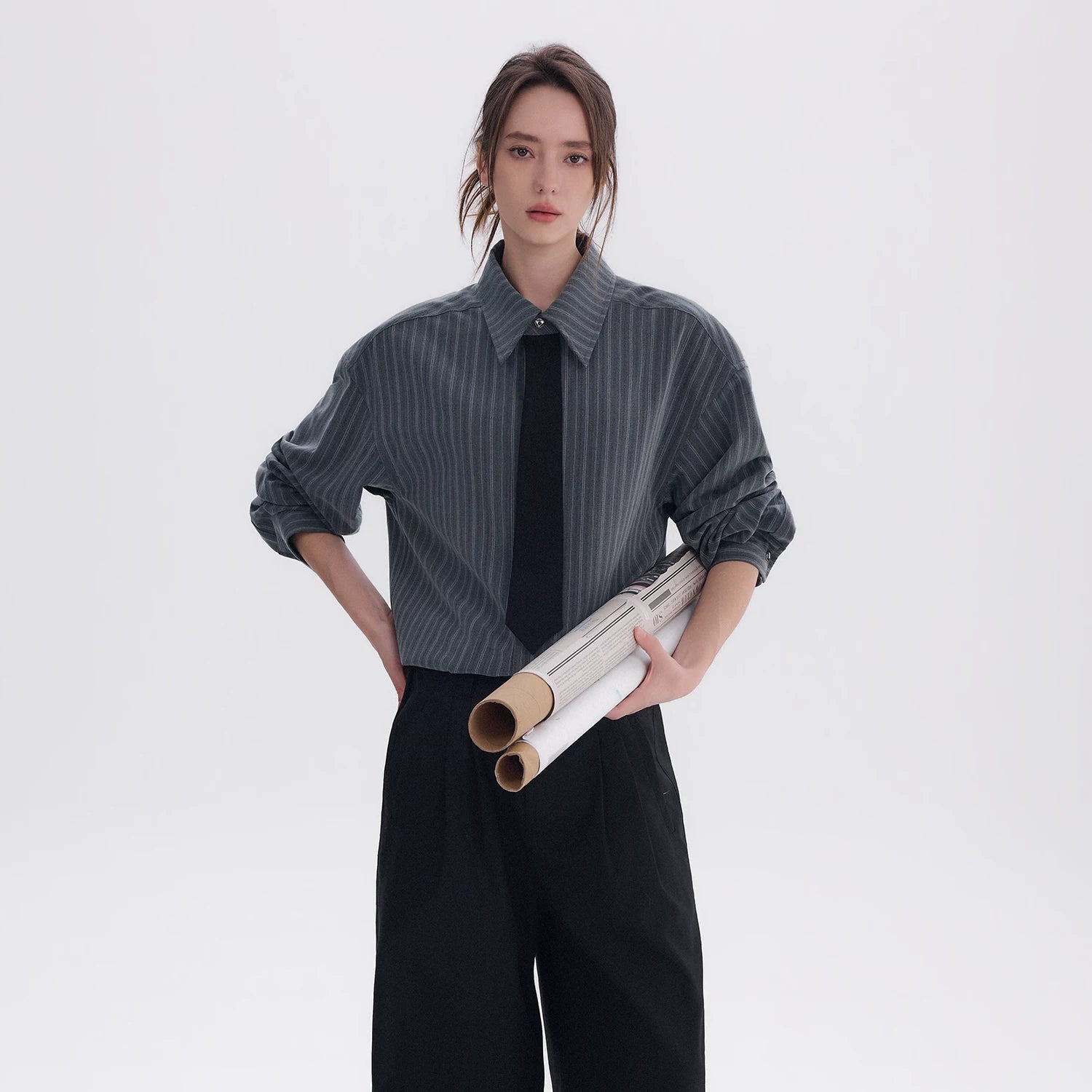 CHOR Contrast Fake Tie Striped Long Sleeve Shirt