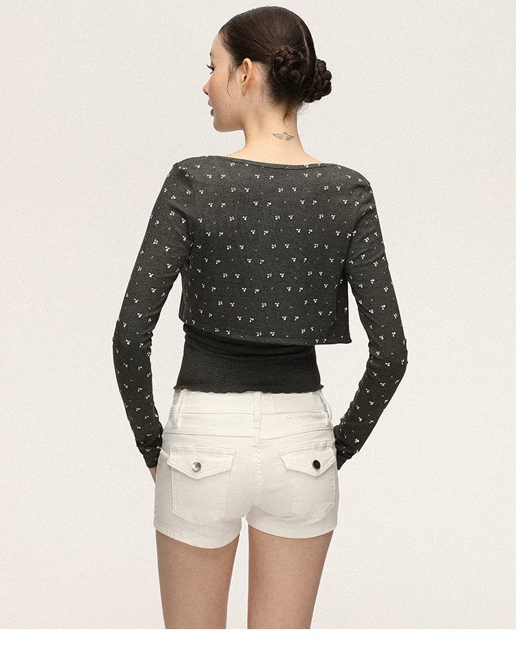 Anna Aneae Floral Knitted Cardigan Slim-fit Suspenders Two-piece Set