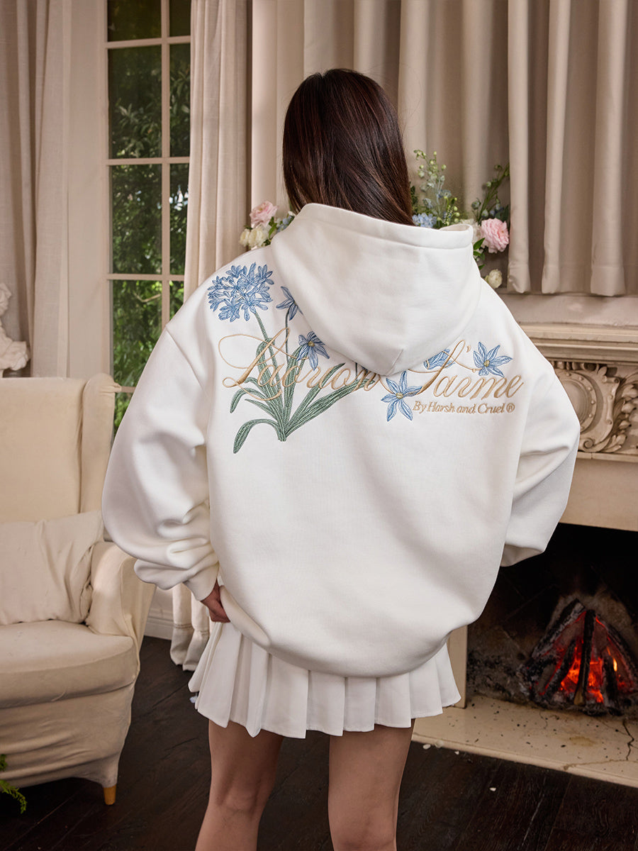 Harshandcruel HACR Chinese Over-the-Shoulder Blue Floral Embroidery Hoodie