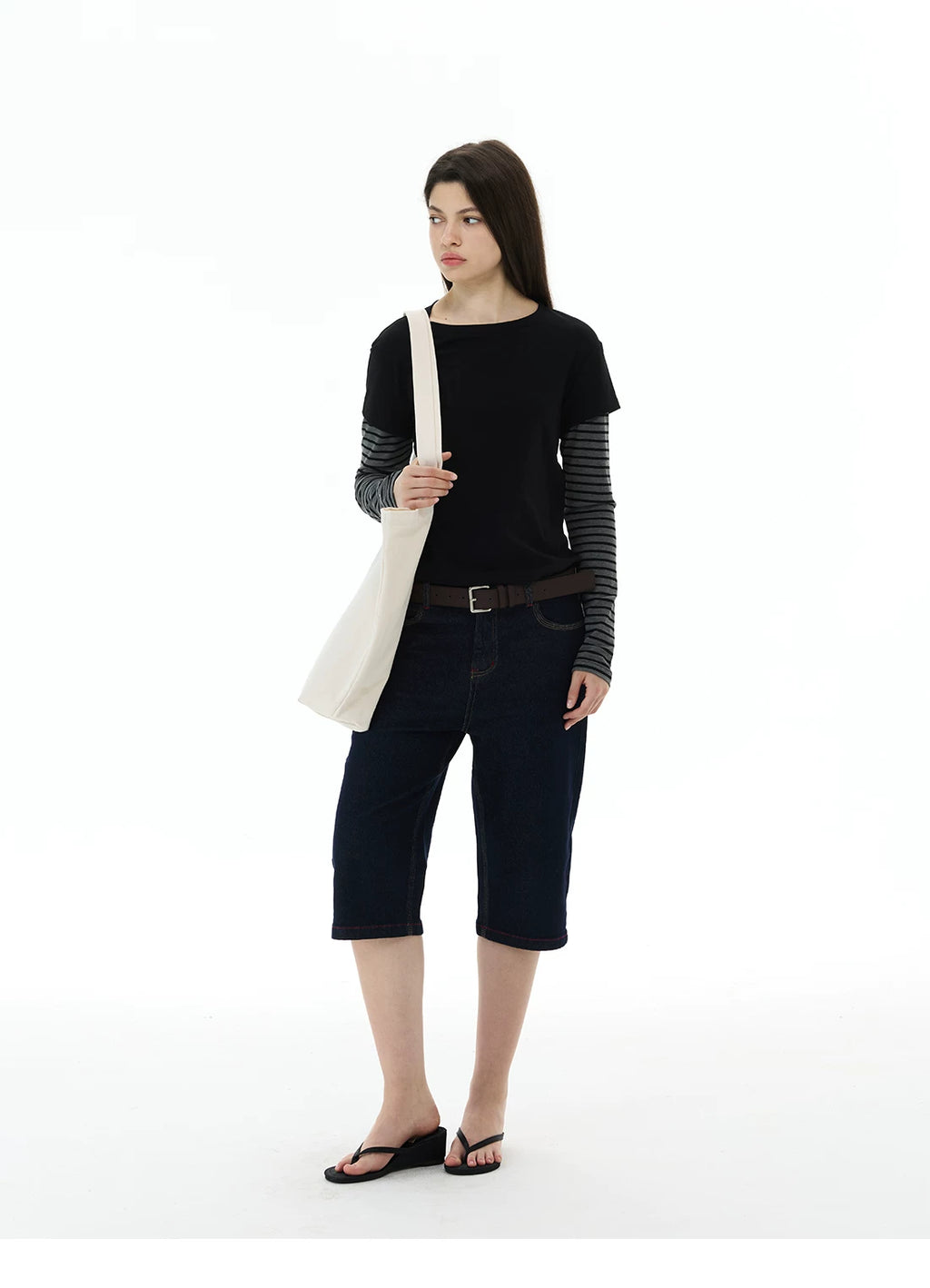 WLNEXT Vintage Fake Two-Piece Striped Front Shoulder Long Sleeve