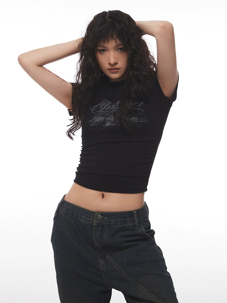 AIRHOOD Retro Simple Letter Print Pleated Tee