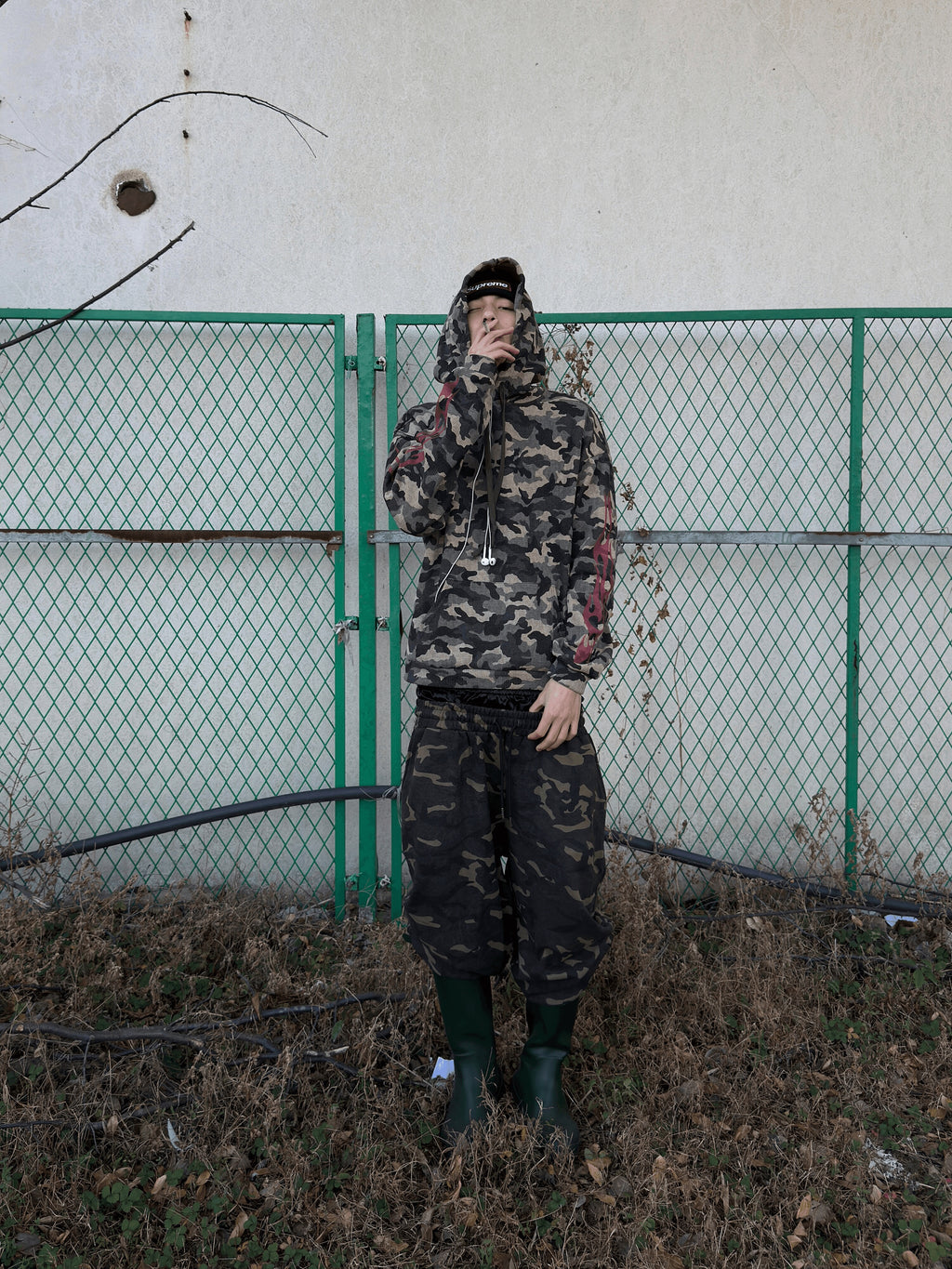 noEmosen flame camouflage waffle hooded fit street sweater