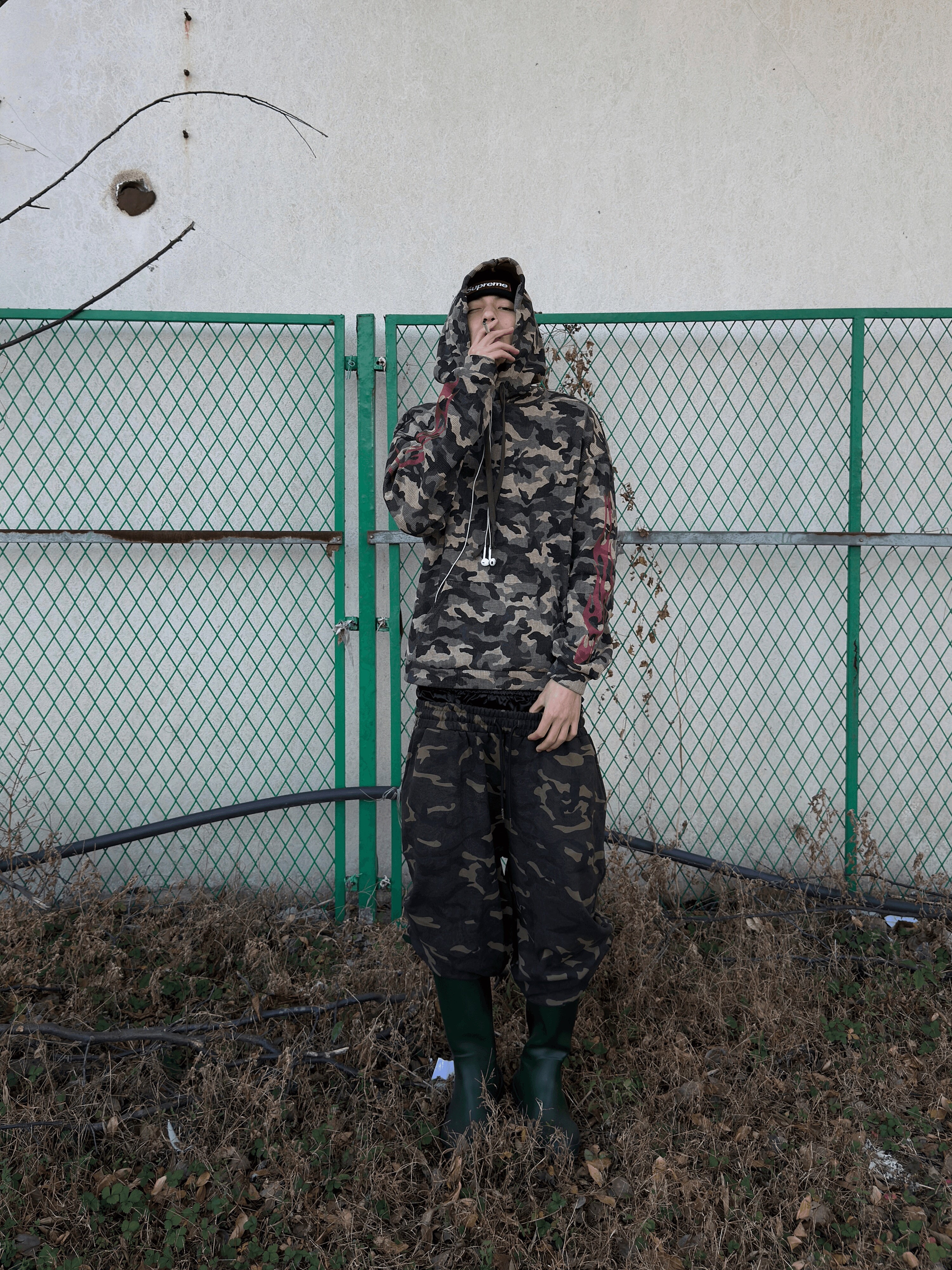 noEmosen flame camouflage waffle hooded fit street sweater