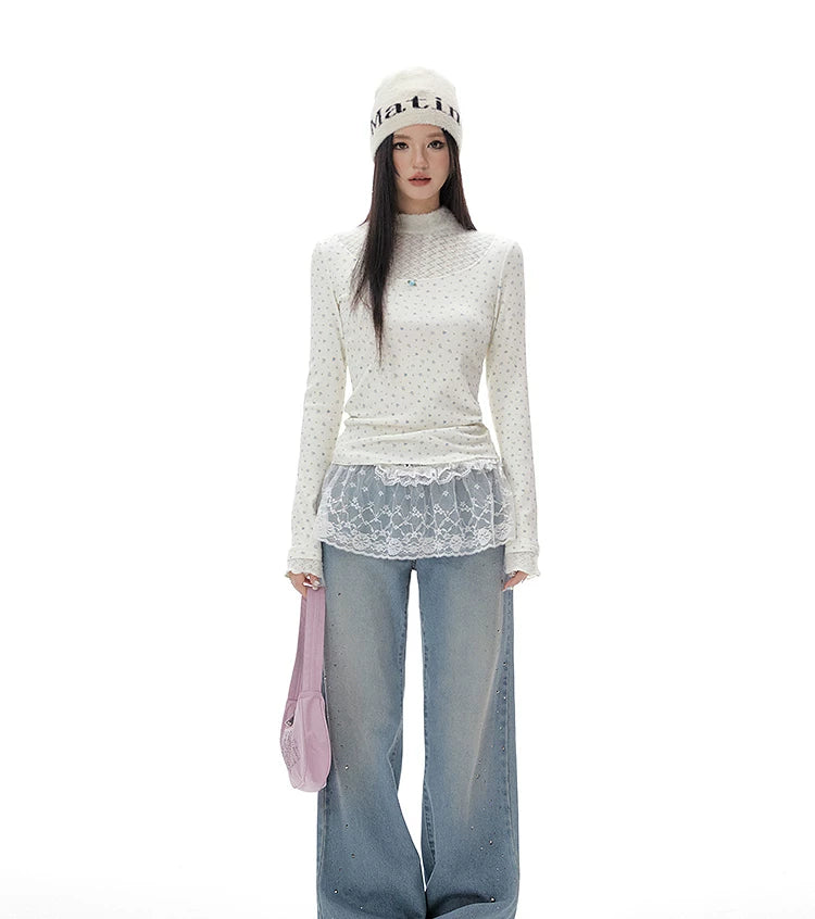 Imone Floral Splicing Hollow Turtleneck Long Sleeve