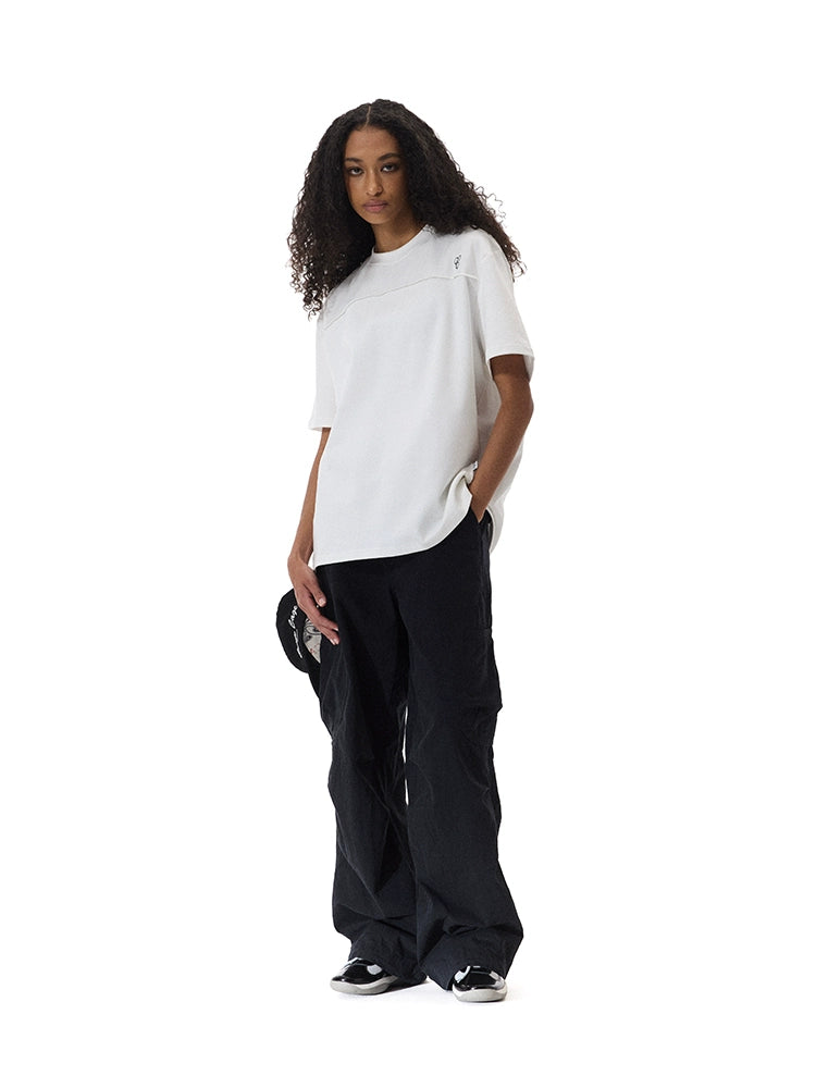 CRICLE CAGE One-word Pleated High Weaving Number Short Wide Embroidery Tee