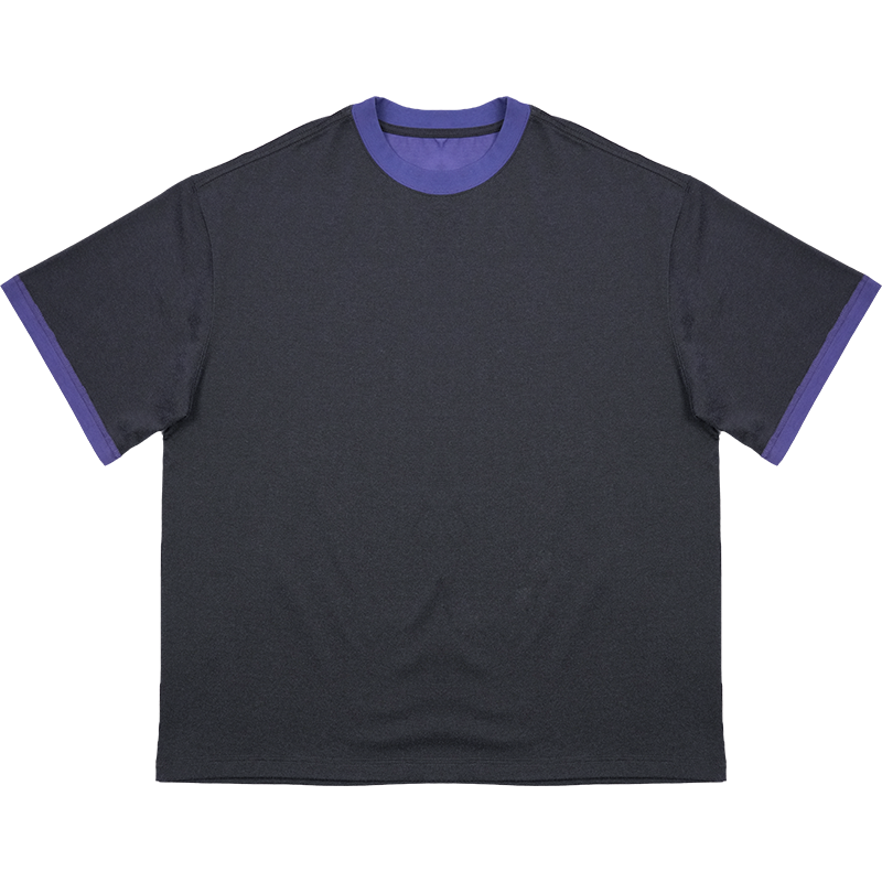 O3PARK Vintage Loose Versatile Contrast Colour Collar Roll Sleeve Tee