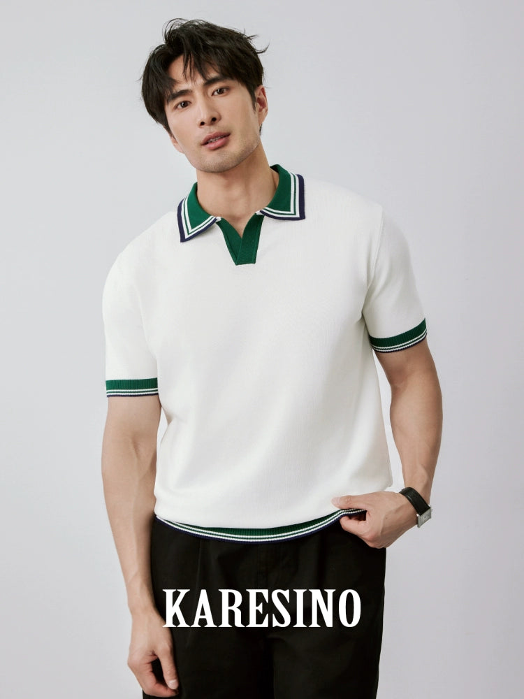 KARESINO Cold Silk Cool Color Contrasting Splicing Knitted Polo Shirt
