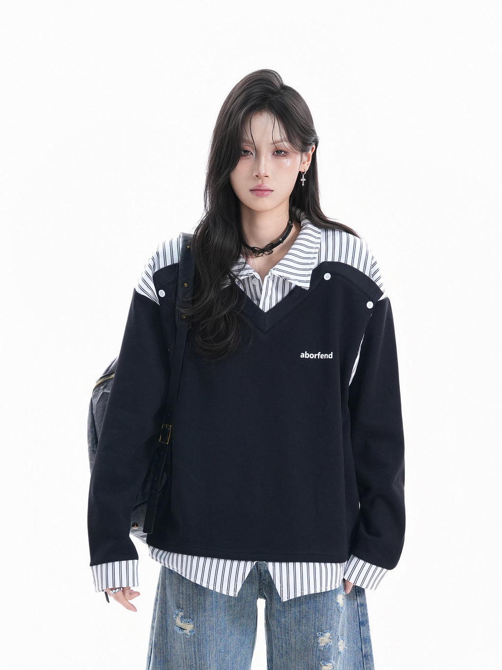 Zuocisankon College Style Fake Two-piece Splicing Sweater