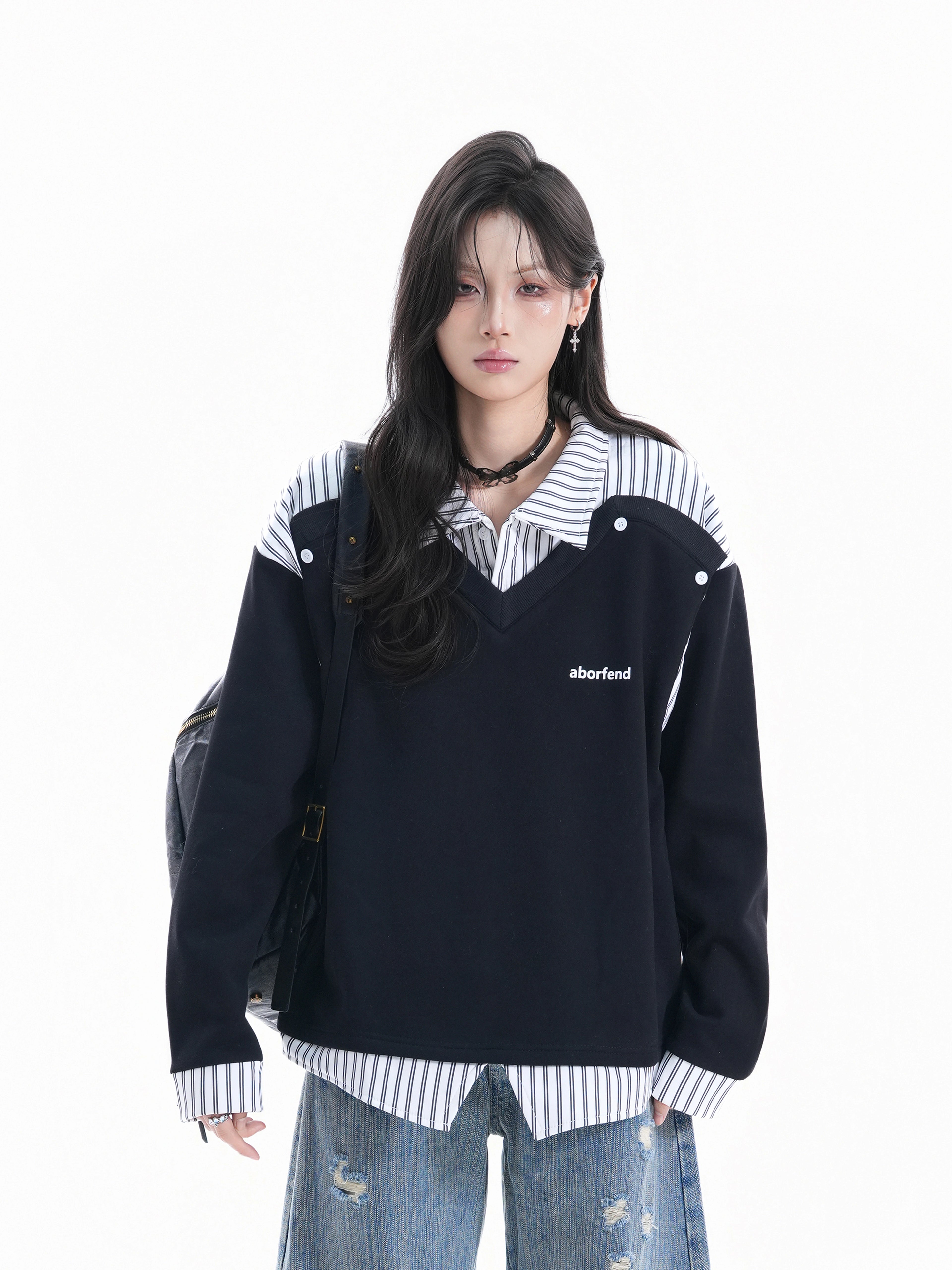 Zuocisankon College Style Fake Two-piece Splicing Sweater