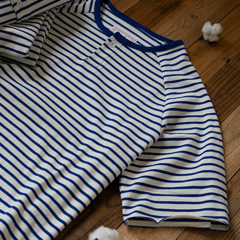 PrintAce Henry Collar Shoulder Vintage Blue and White Striped Tee