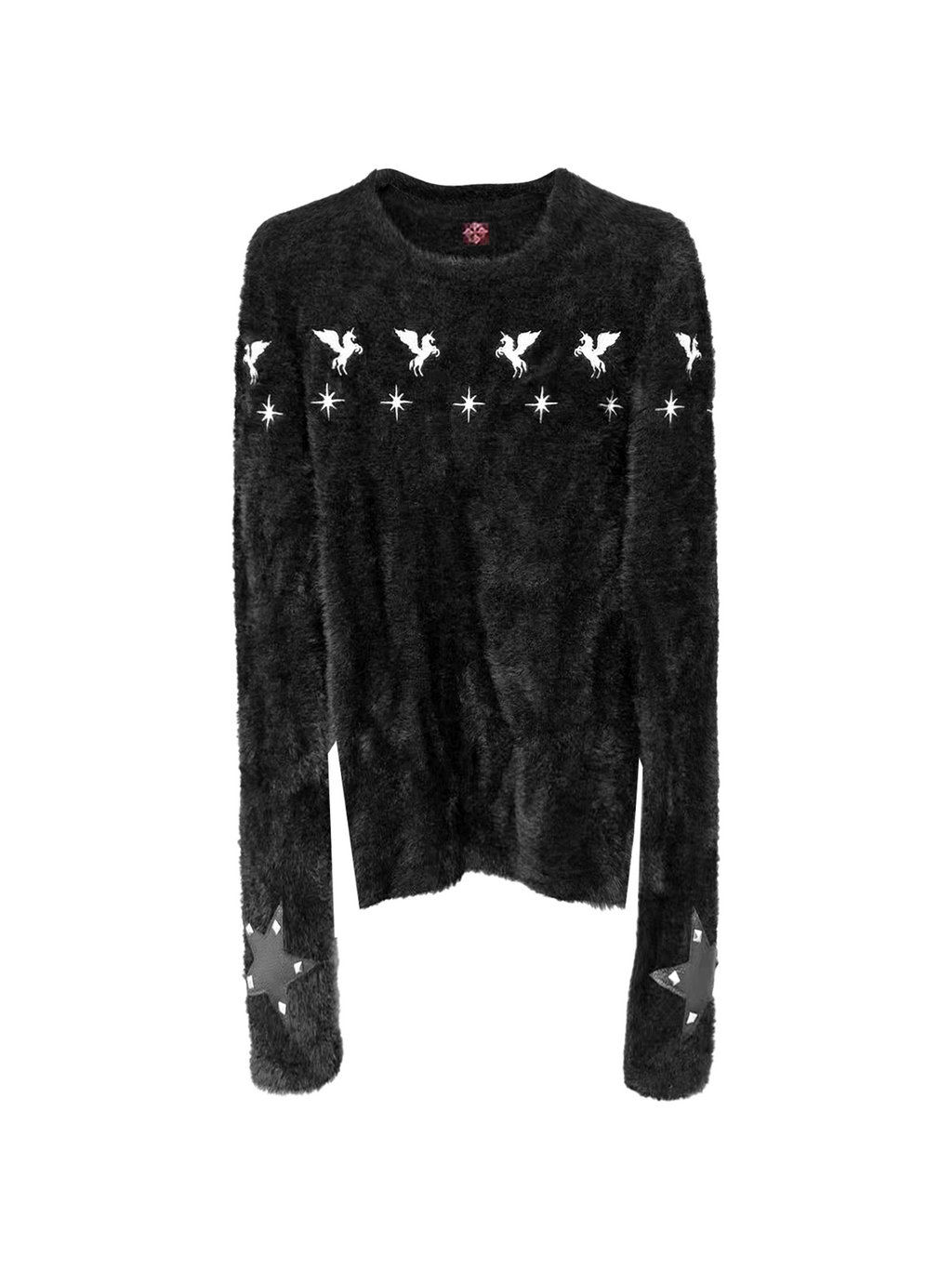 DETW Pentagram Leather Rivet Front Shoulder Crew Neck Sweater