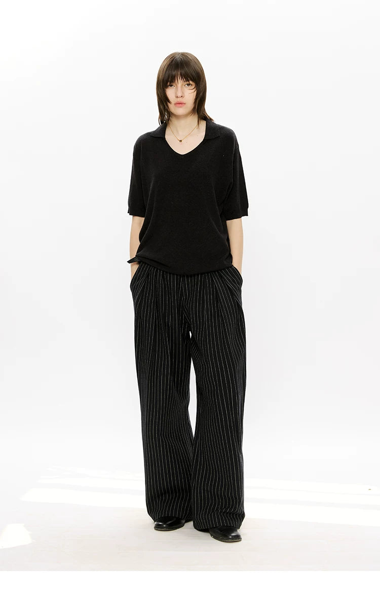 KREATE Striped Linen Pleated Texture Drape A Word Casual Trousers