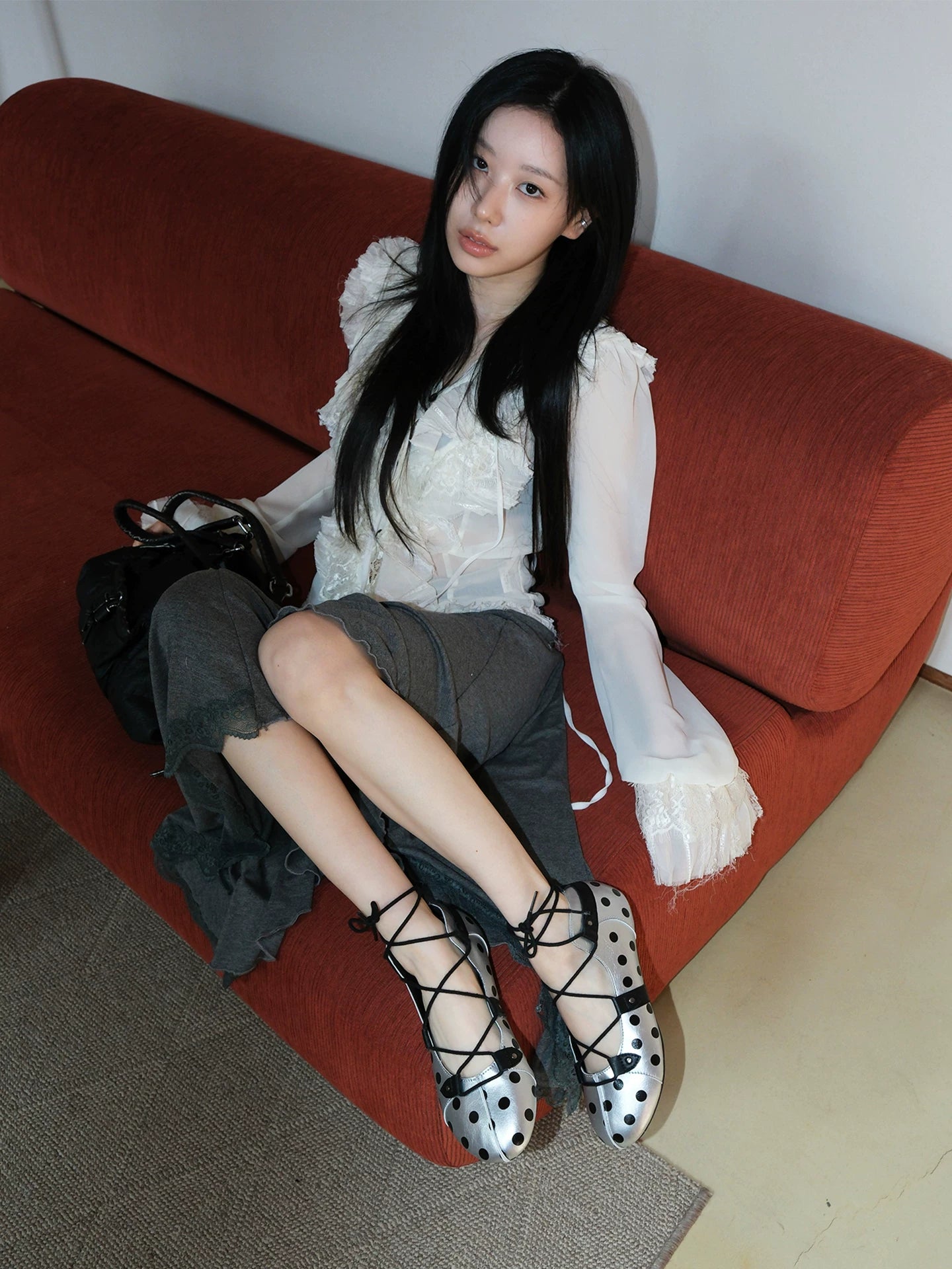Mooreyu Polka Dot Round Head Lace-up Shoes