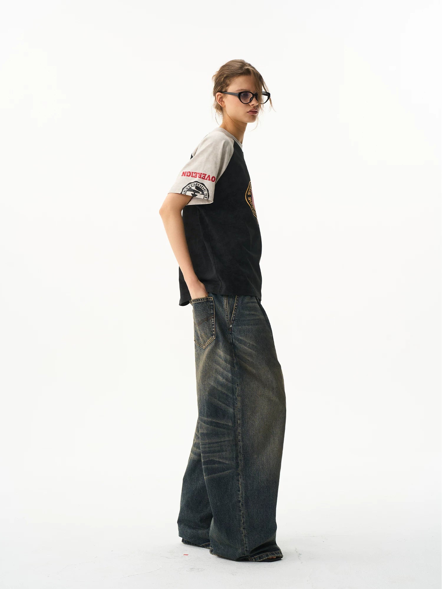 BLINDNOPLAN Stitching Contrasting Color Raglar Sleeve Casual Tee