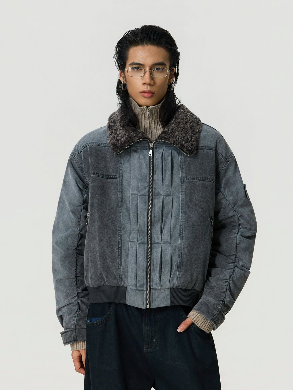 BTSG Lamb Wool Make Old Stand-up Collar Tooling Jacket