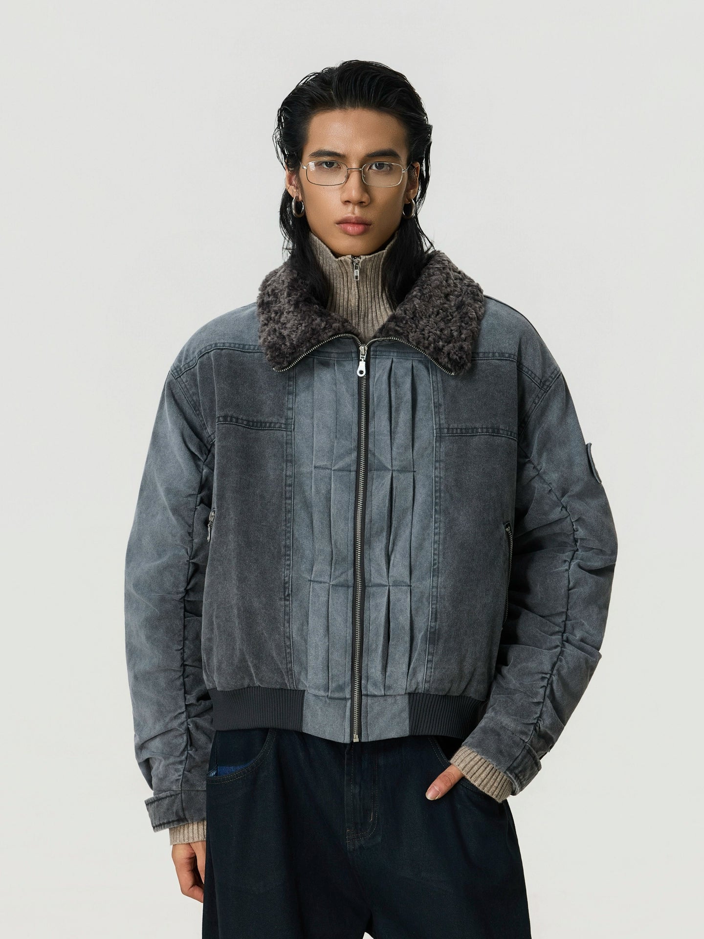 BTSG Lamb Wool Make Old Stand-up Collar Tooling Jacket