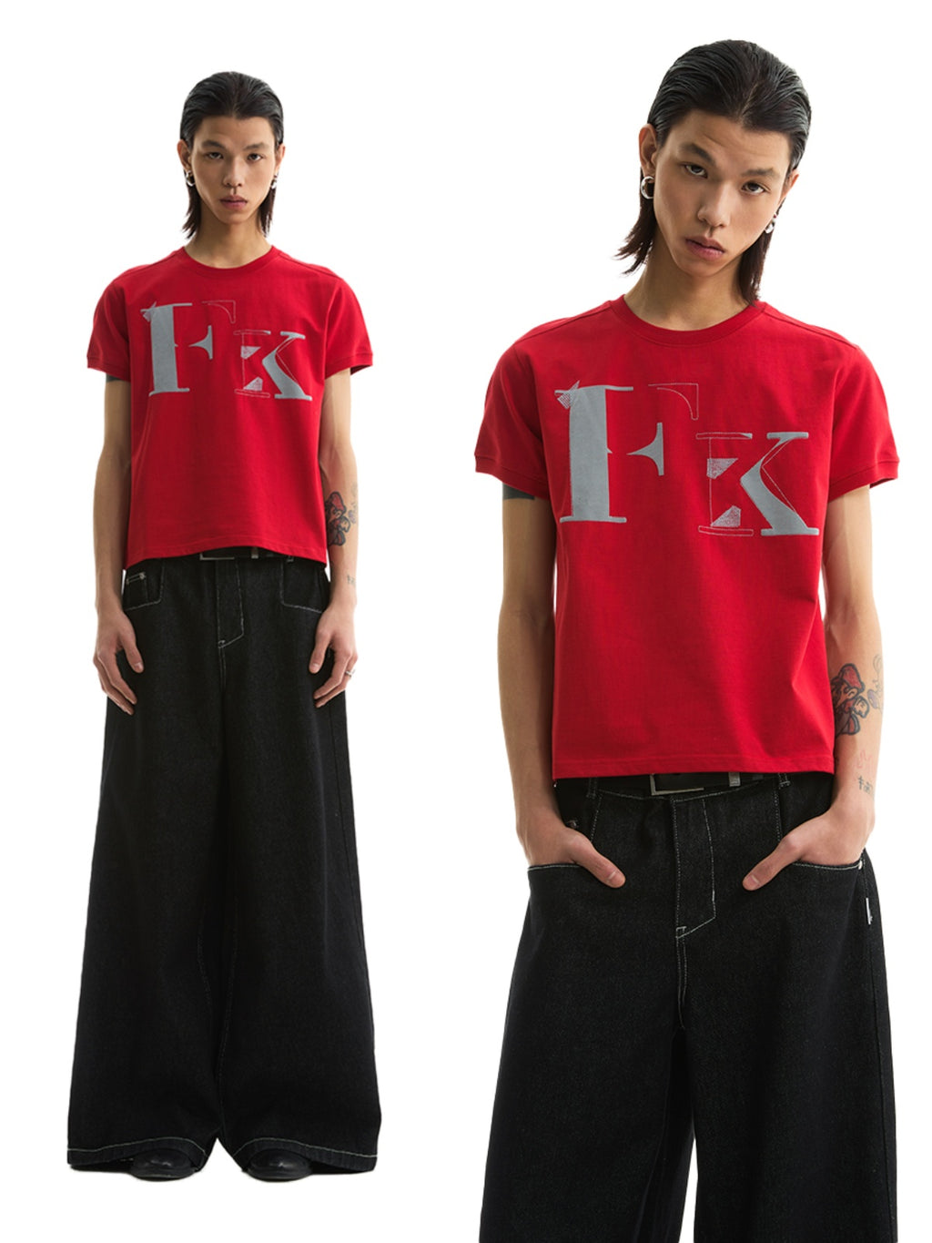 FUNKYFUN FK Letter Embroidery Print Front Shoulder Tee