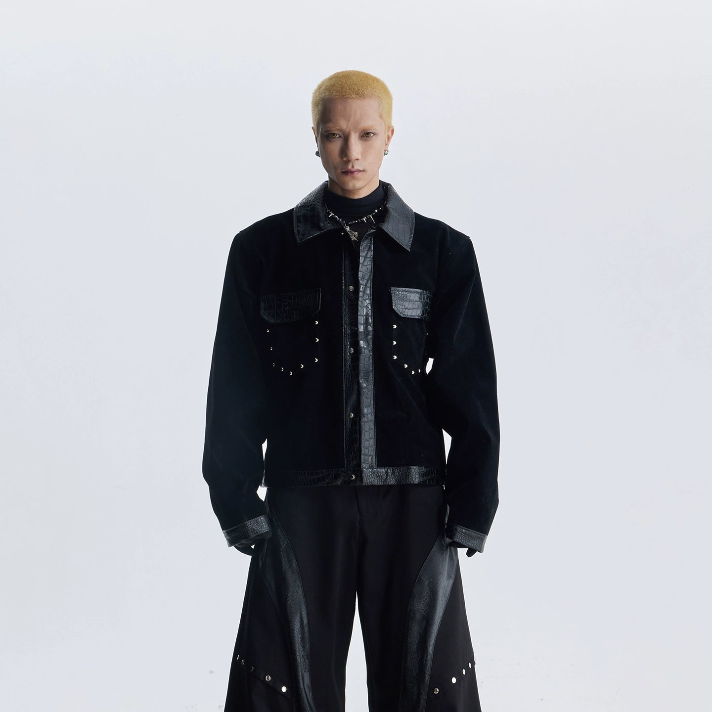 NOMANIAI Splicing Rivets Embellish Flocked Jacket Button Coat