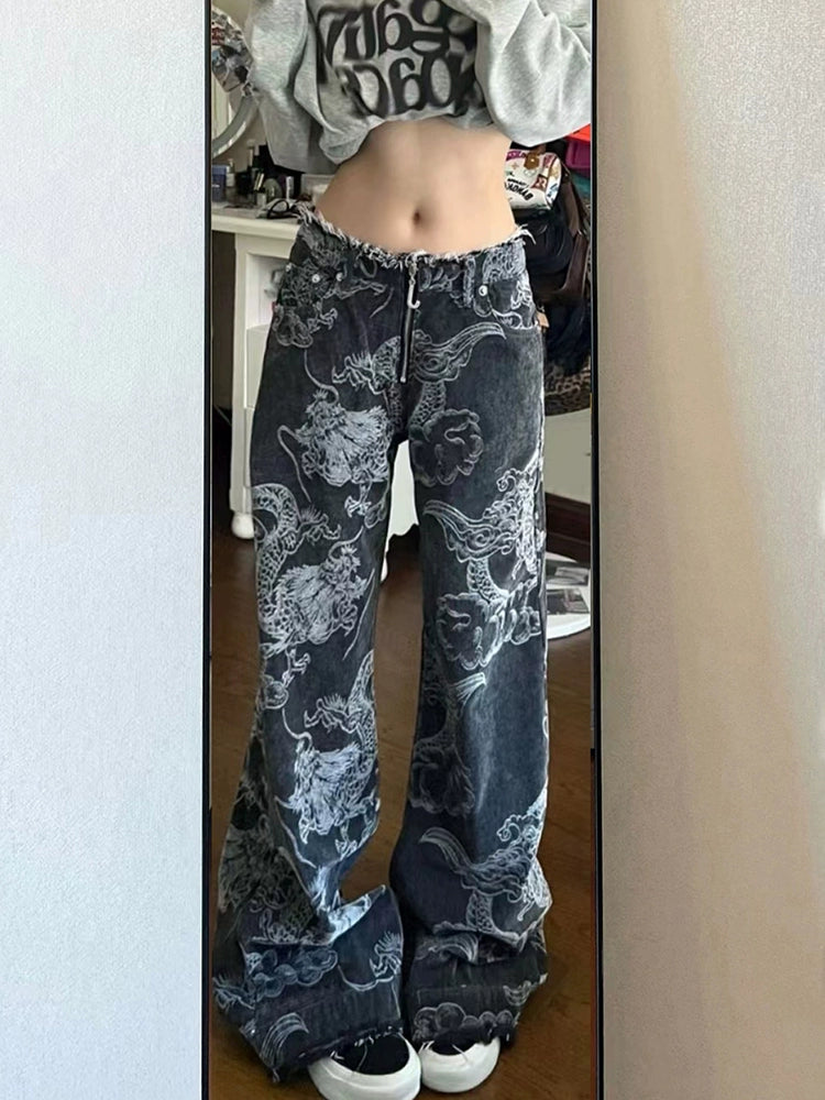 Dragon Pattern Embroidered Hot Straight High Street Jeans
