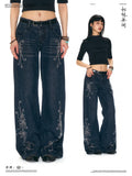 LOUMUTAKU Handmade Hot Diamond Floral Wide Leg Jeans