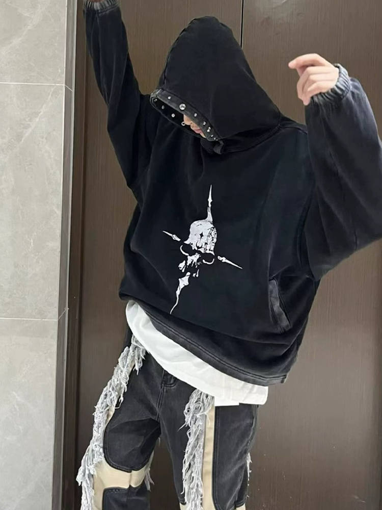 KONOOT Skull Print Washed Rivet Hooded Sweater