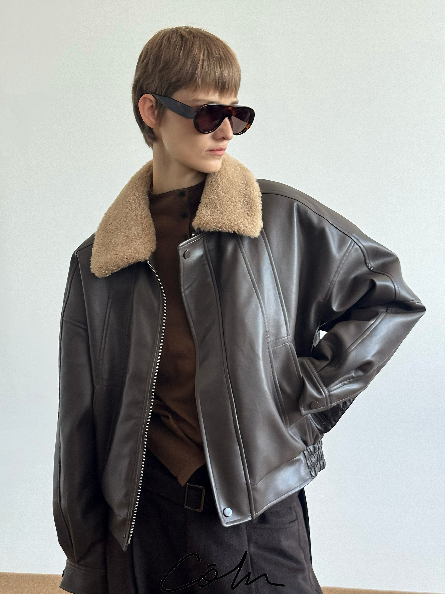 COLN PU Leather Jacket Sweater Collar Cotton Jacket