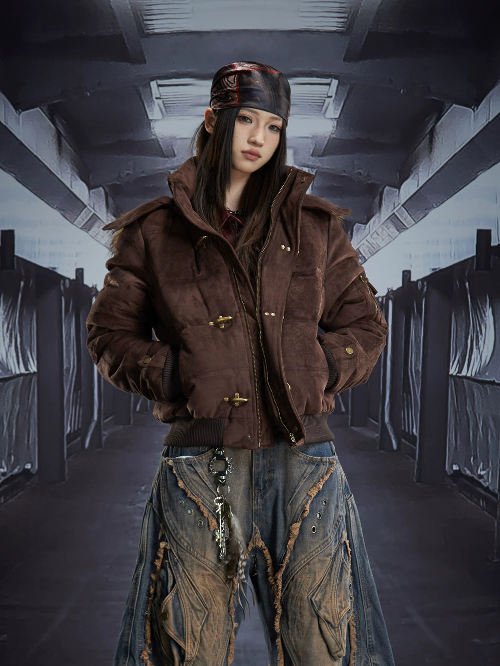 NOMANIAI Vintage Suede Hooded Removable Stand-Up Jacket