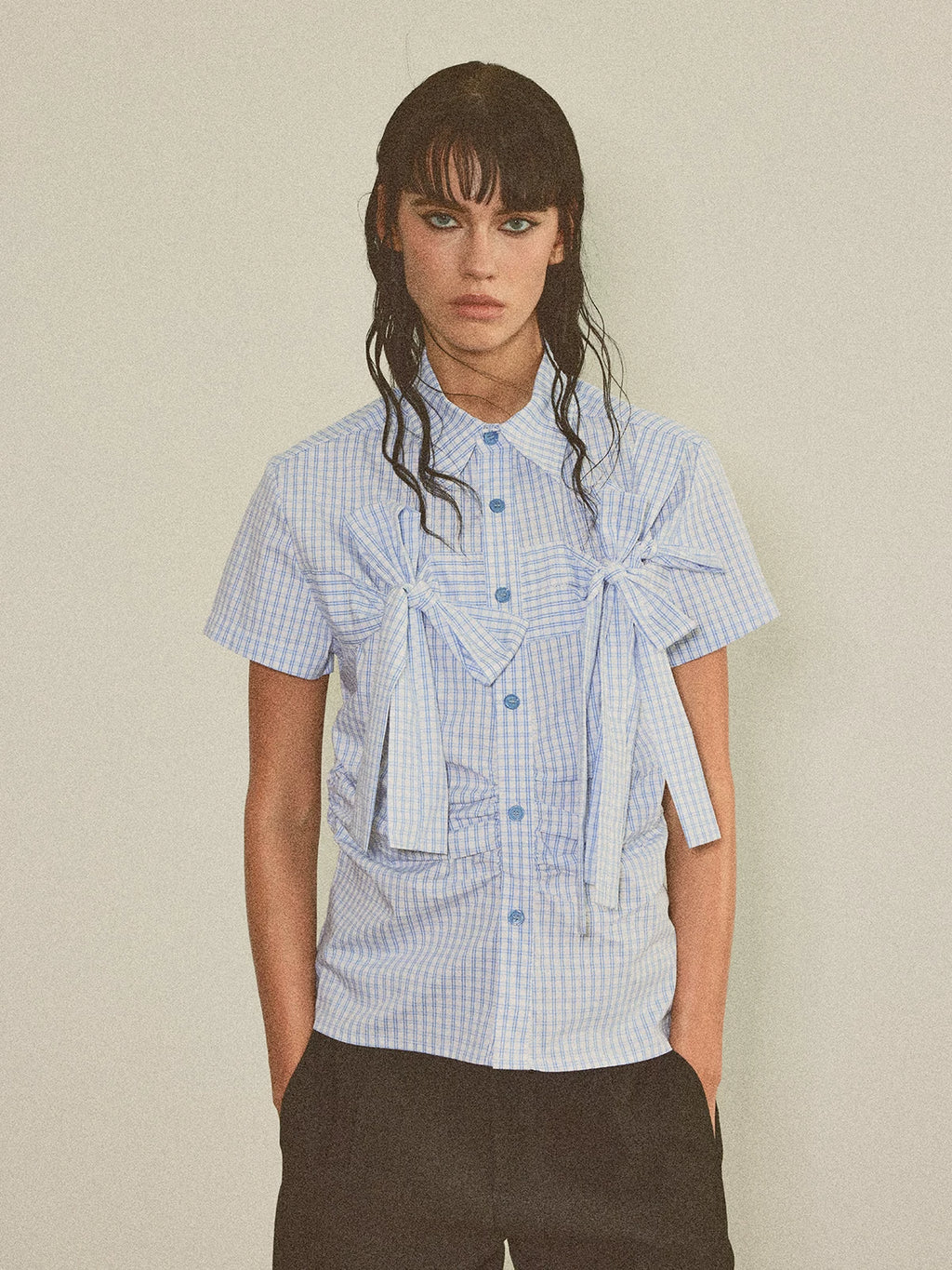 COSTUSTOOT Plaid Waist Slim Short-sleeved Shirt