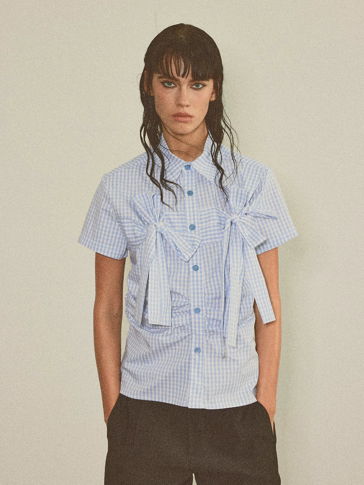 COSTUSTOOT Plaid Waist Slim Short-sleeved Shirt