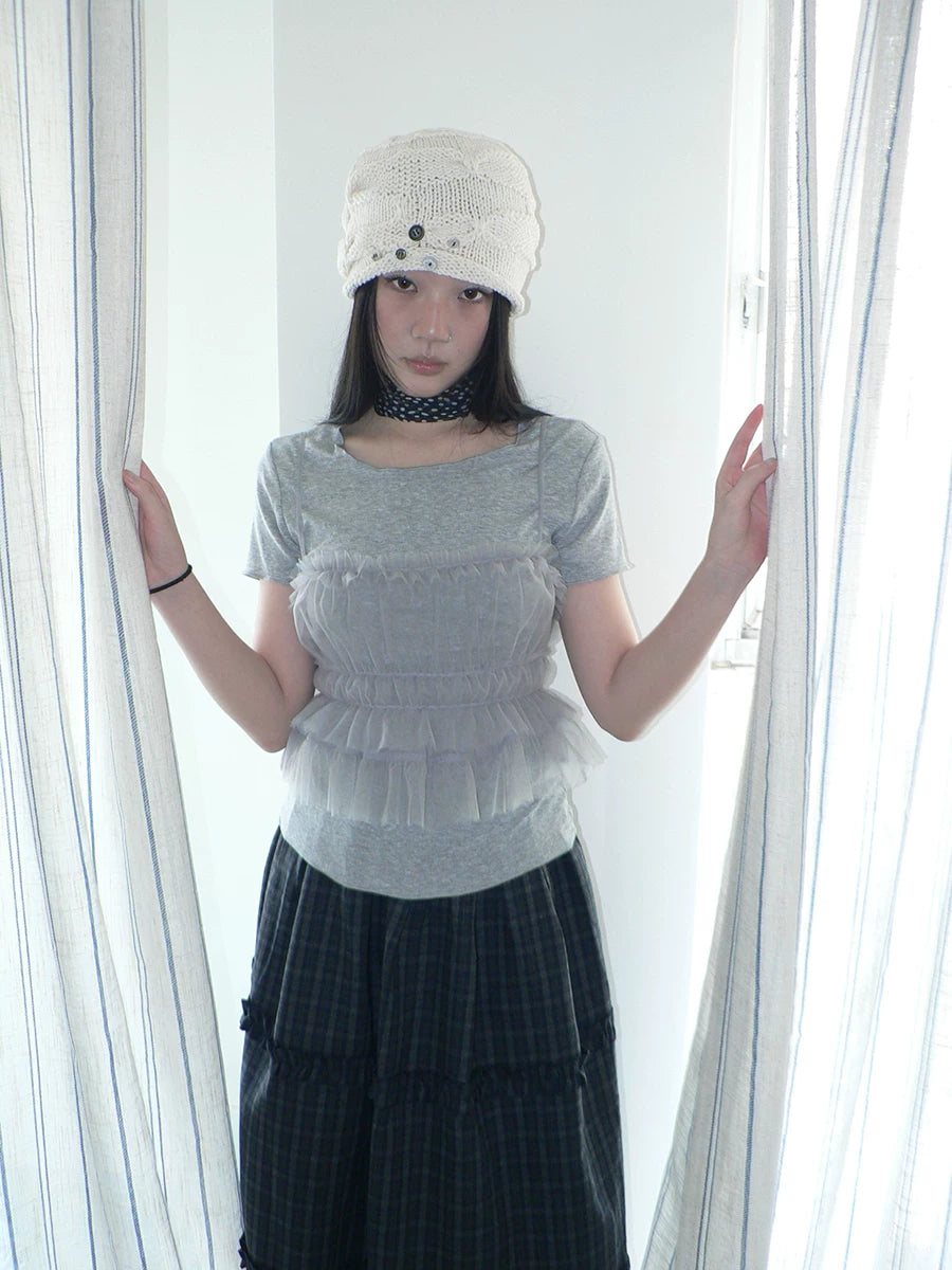 Ang:project Vintage Pleated Waist Mesh Suspender Two-piece Set