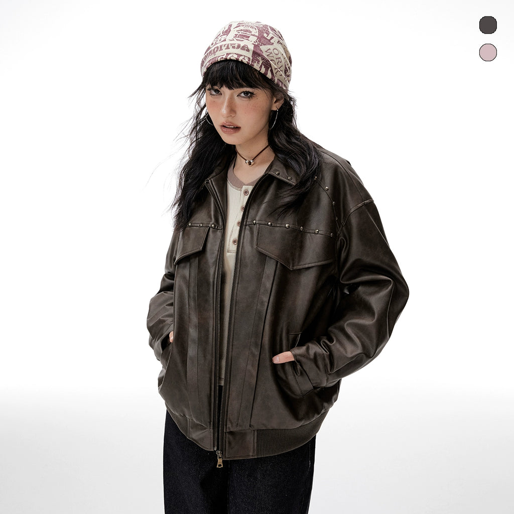 IMONE Vintage Loose Skinny Lapel PU Leather Jacket
