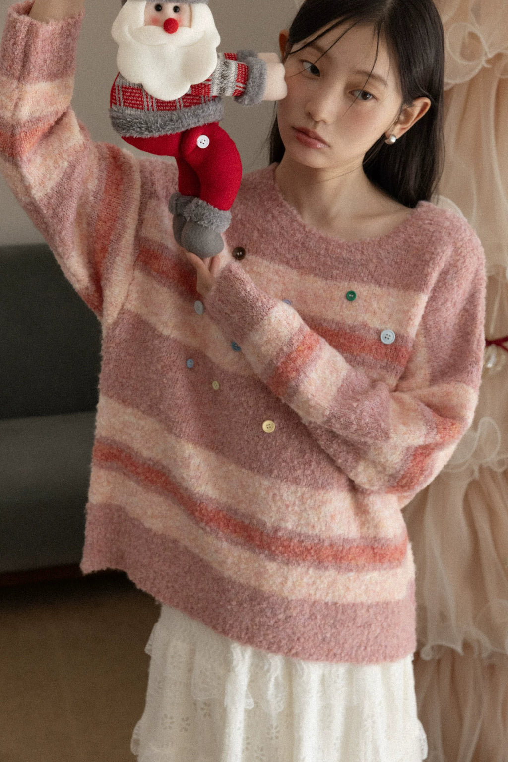 Cantonstory Korean Crew Neck Striped Knitted Sweater