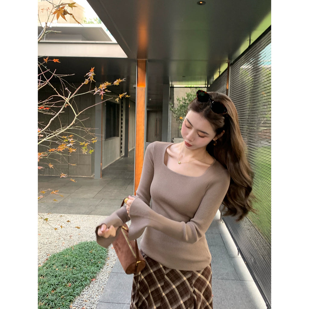 Pusumede Square Neck with Bottom Knitted Long Sleeves