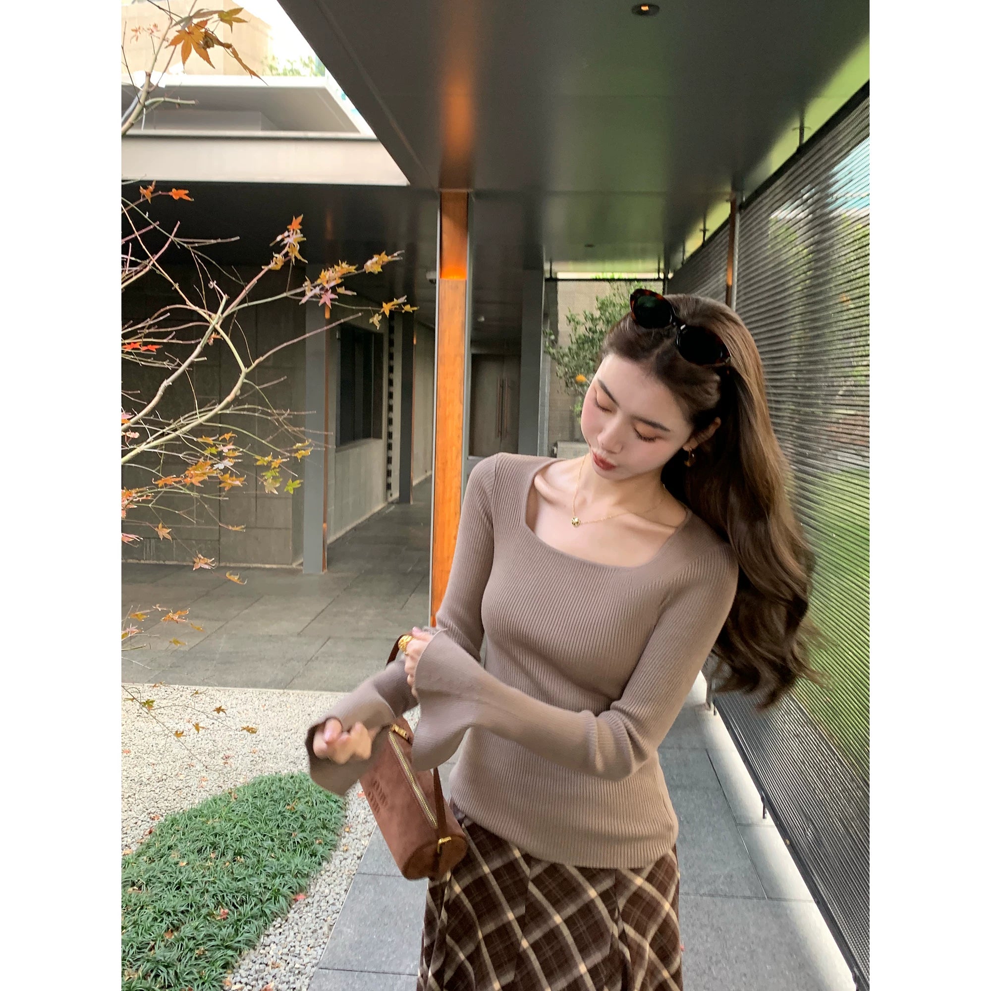 Pusumede Square Neck with Bottom Knitted Long Sleeves